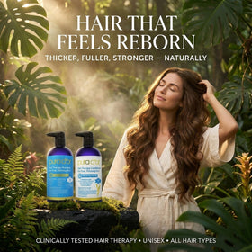 PURA D'OR Hair Thinning Therapy Shampoo and Conditioner on a bathroom counter