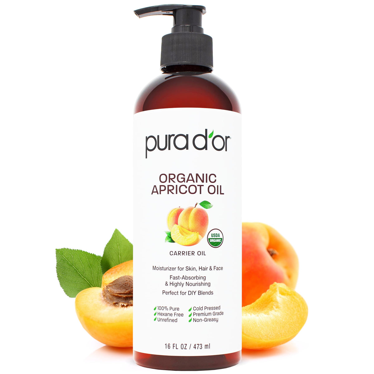 PURA D'OR Organic Apricot Kernel Oil 16 Oz front view