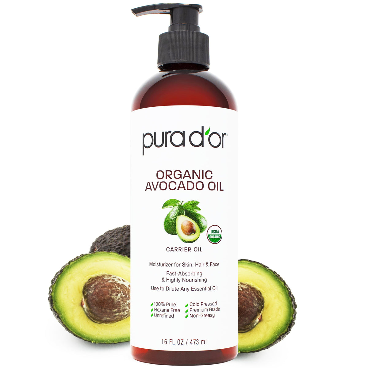 PURA D'OR Organic Avocado Oil 16oz front view