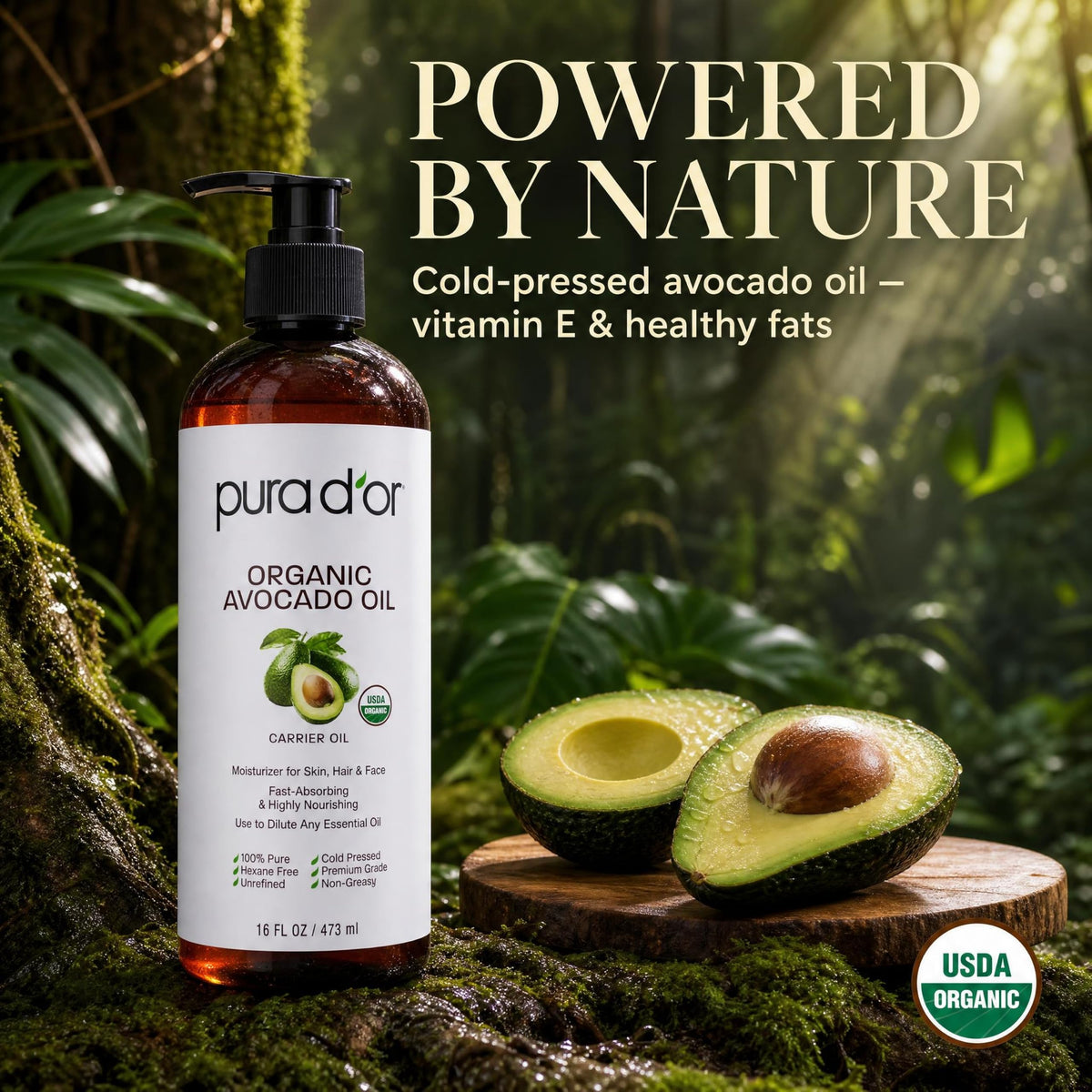 PURA D'OR Organic Avocado Oil pouring from bottle