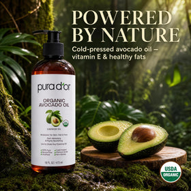 PURA D'OR Organic Avocado Oil pouring from bottle