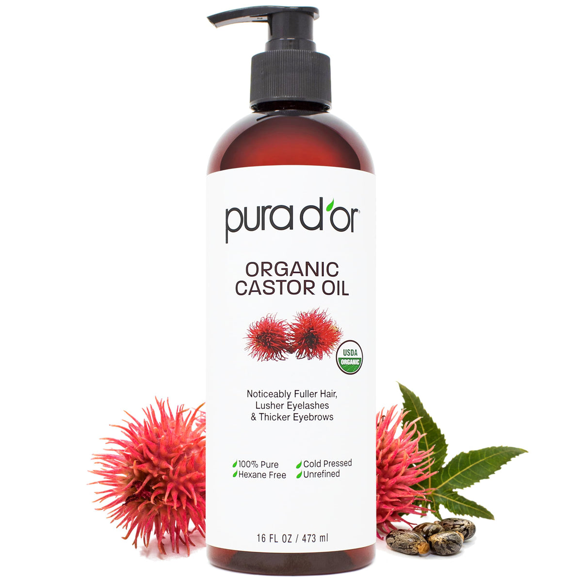 PURA D'OR Organic Castor Oil 16 Oz front view