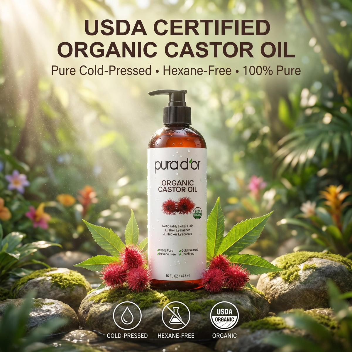 PURA D'OR Organic Castor Oil 16 Oz side view
