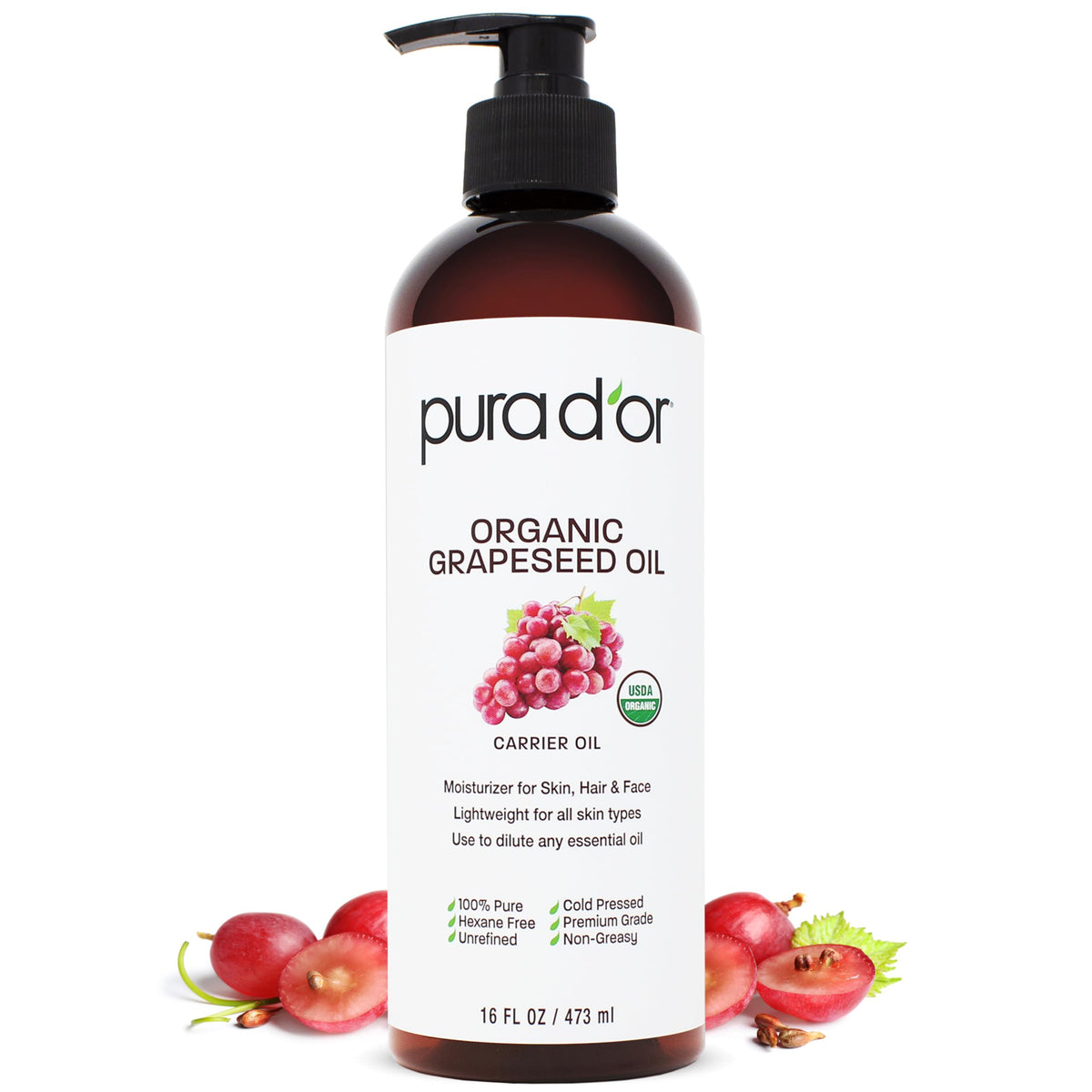 PURA D'OR Organic Grapeseed Oil 16oz front view