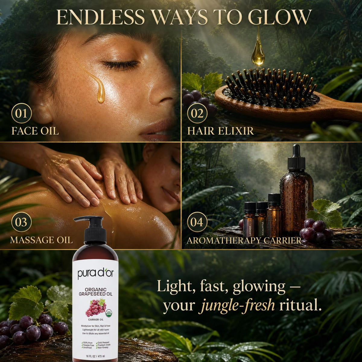 PURA D'OR Organic Grapeseed Oil packaging and dimensions