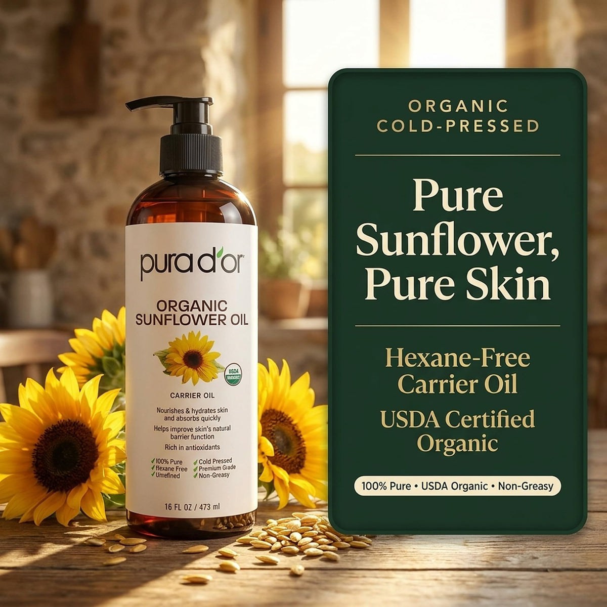 PURA D'OR Organic Sunflower Seed Oil 16 Oz back view with ingredients