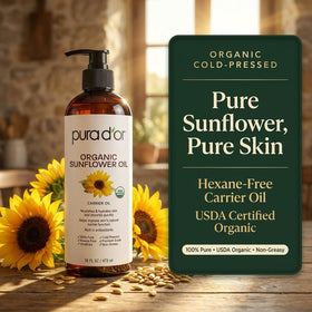 PURA D'OR Organic Sunflower Seed Oil 16 Oz back view with ingredients