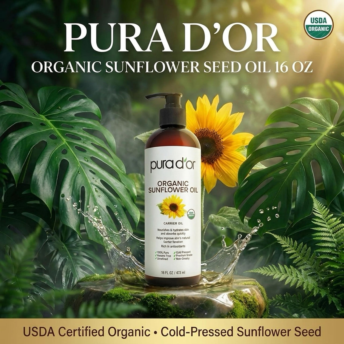 PURA D'OR Organic Sunflower Seed Oil 16 Oz bottle with label