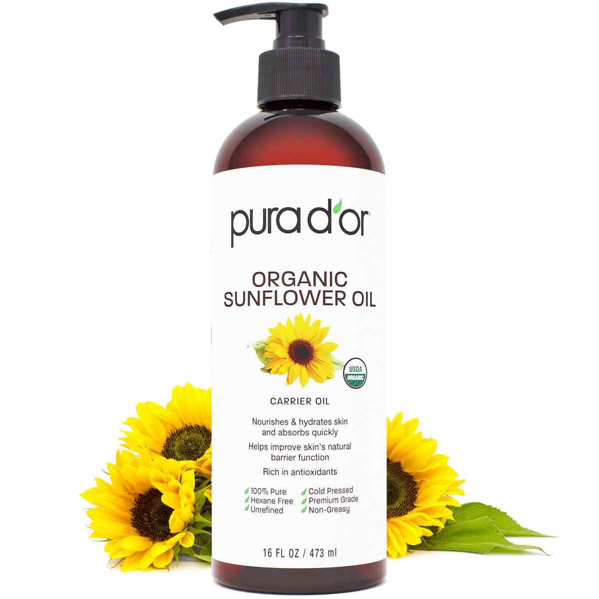 PURA D'OR Organic Sunflower Seed Oil 16 Oz front view