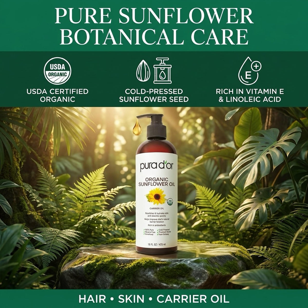 PURA D'OR Organic Sunflower Seed Oil 16 Oz in a bathroom