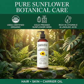 PURA D'OR Organic Sunflower Seed Oil 16 Oz in a bathroom