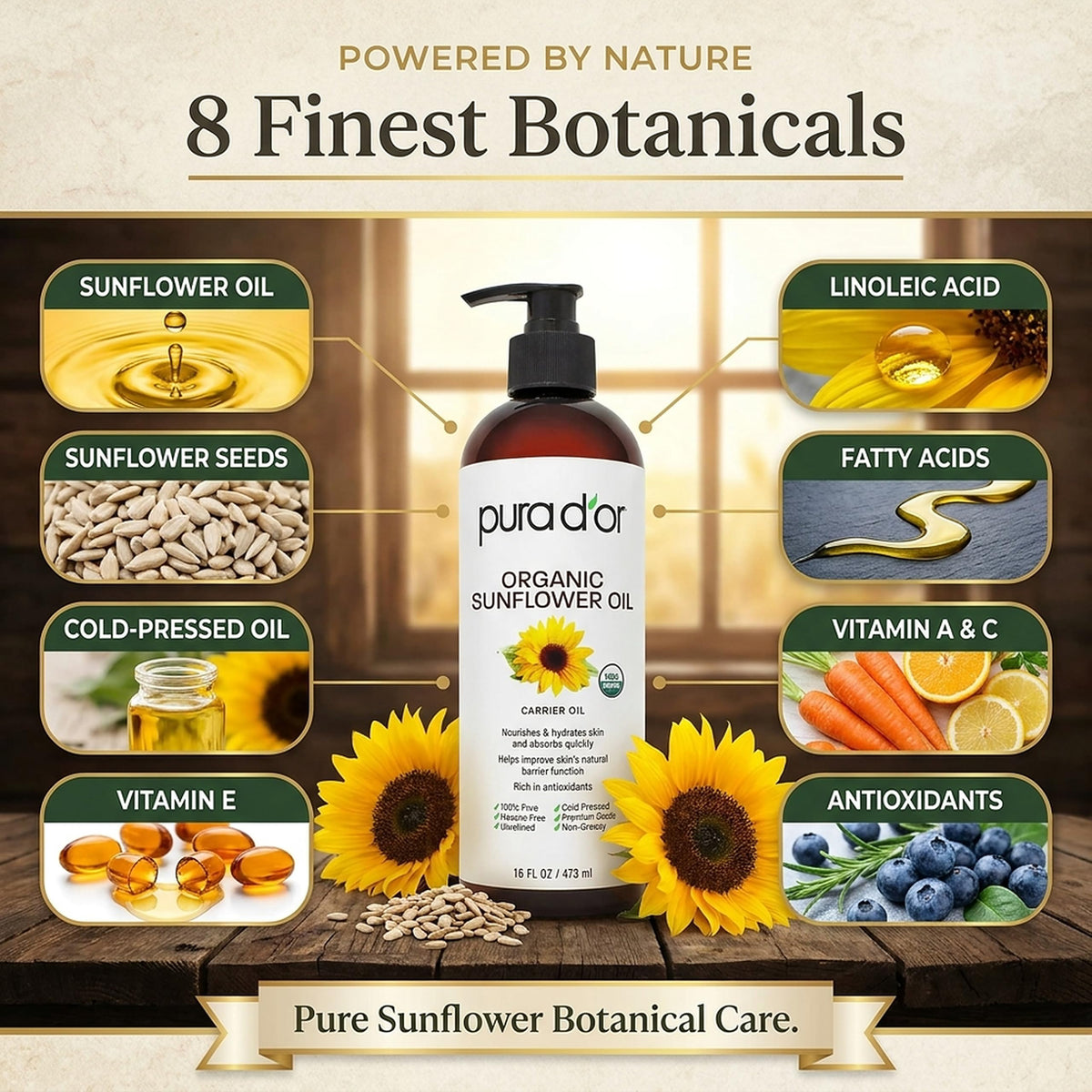 PURA D'OR Organic Sunflower Seed Oil 16 Oz in a skincare setting