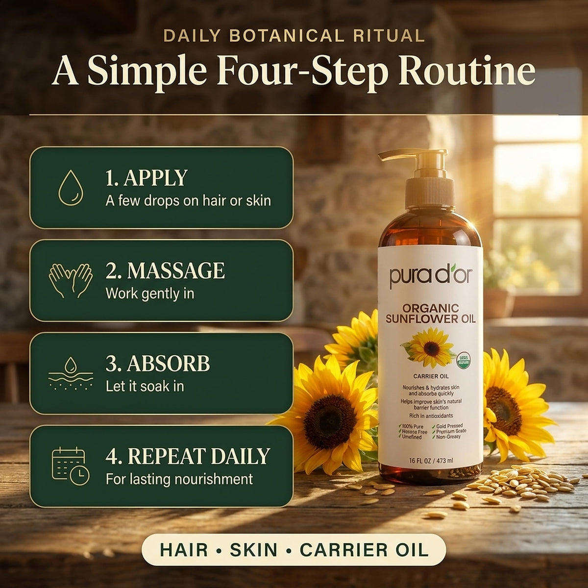 PURA D'OR Organic Sunflower Seed Oil 16 Oz with essential oils