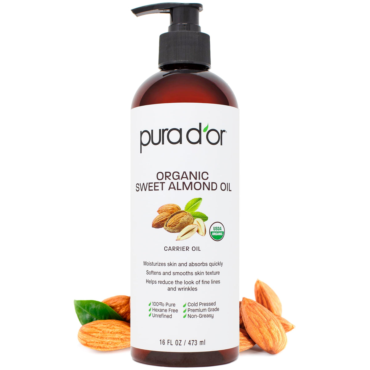 PURA D'OR Organic Sweet Almond Oil 16 Oz front view