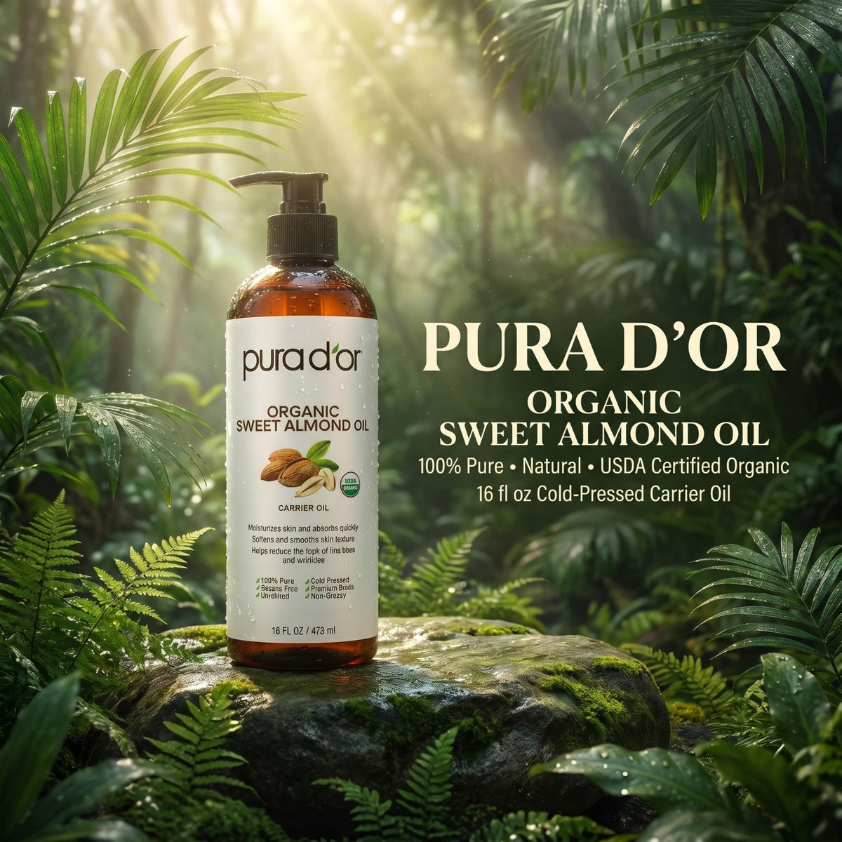 PURA D'OR Organic Sweet Almond Oil bottle with label