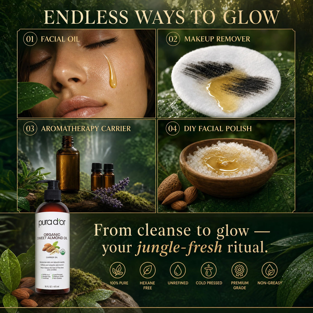 PURA D'OR Organic Sweet Almond Oil in a bathroom setting