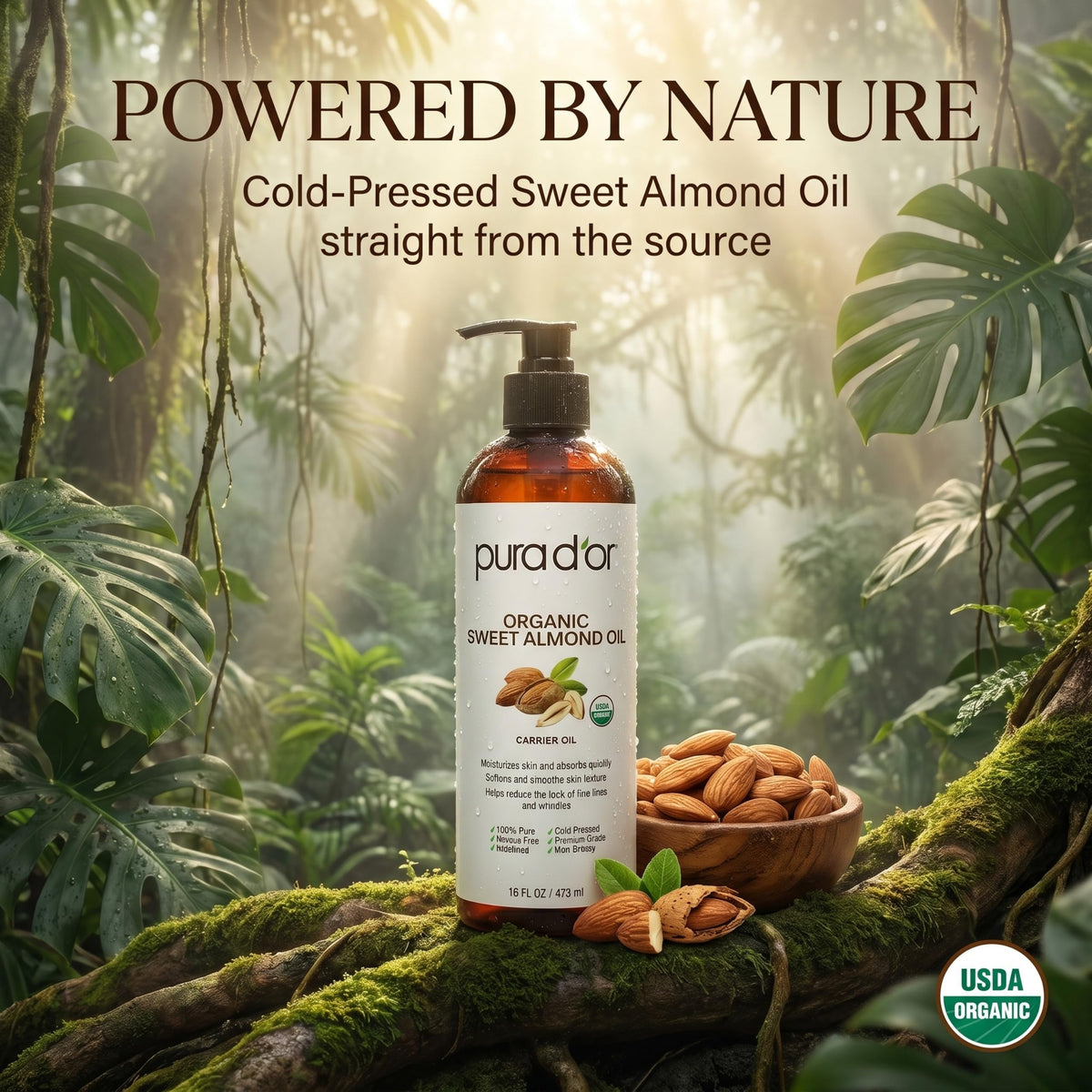 PURA D'OR Organic Sweet Almond Oil pouring into a hand