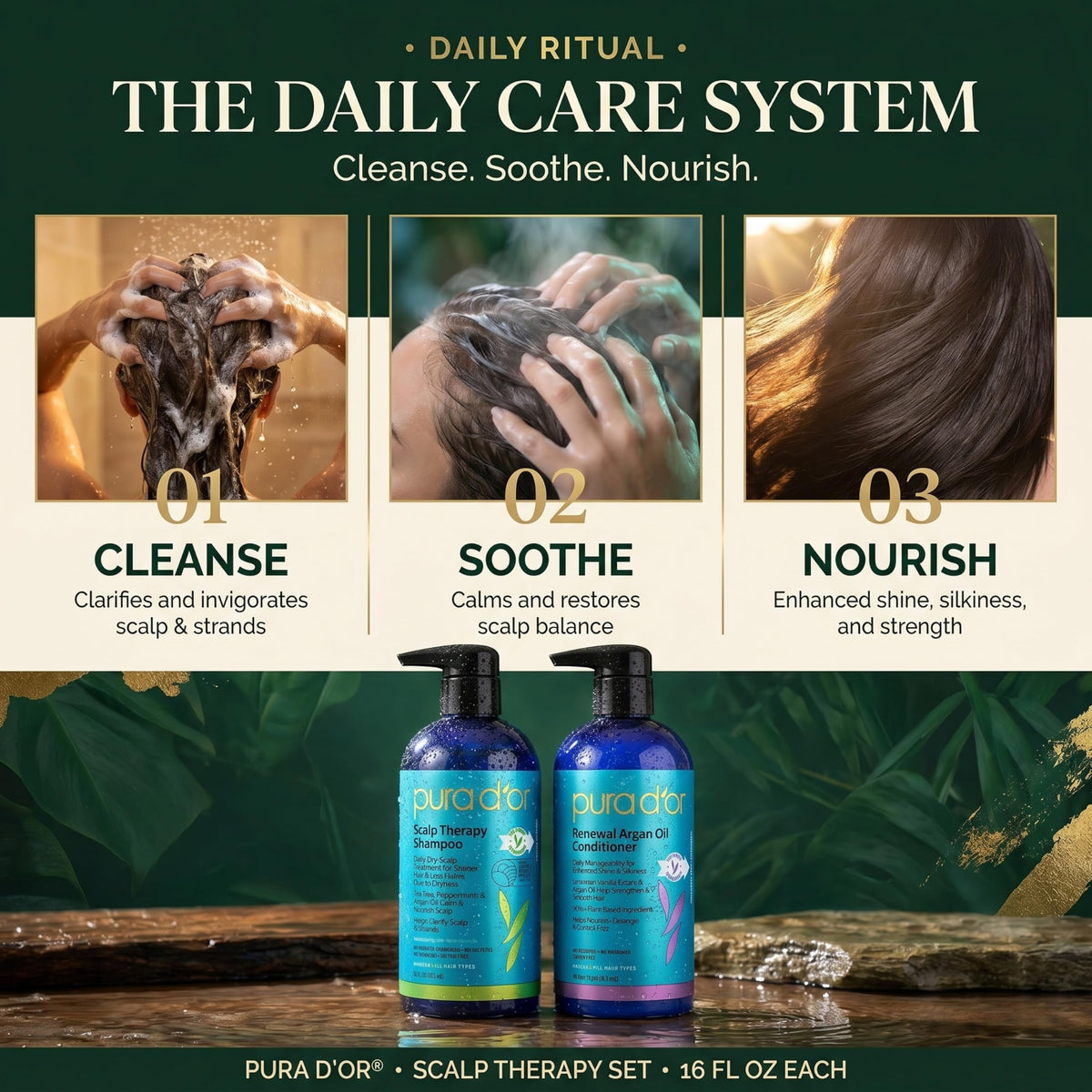 PURA D'OR Scalp Therapy set in a bathroom setting