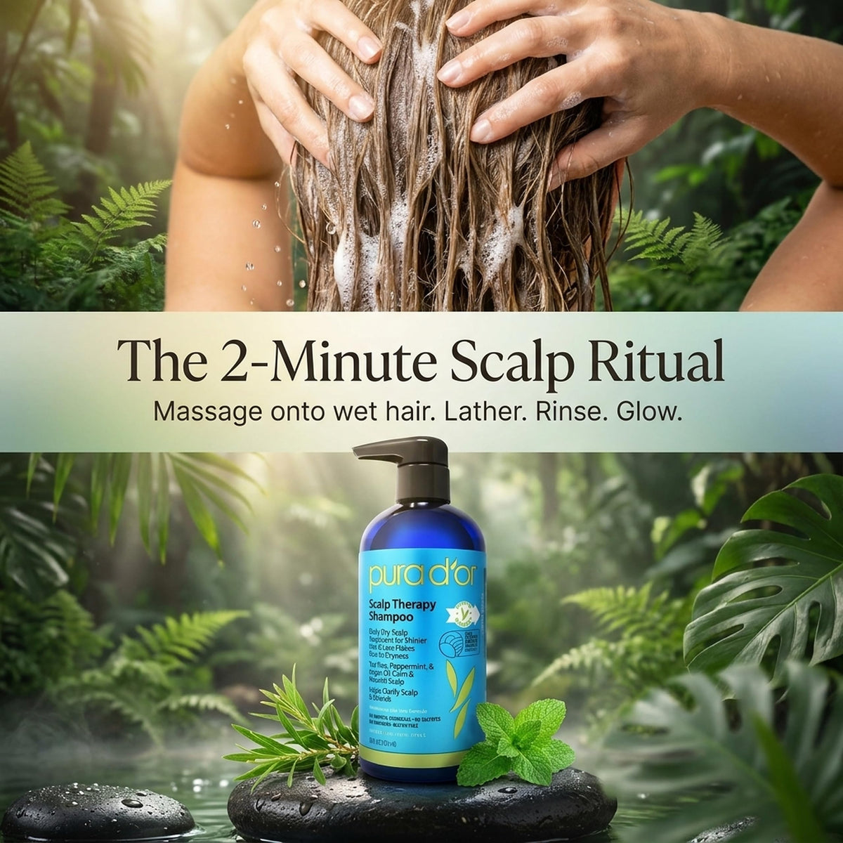 PURA D'OR Scalp Therapy Shampoo 16oz on a gym shelf