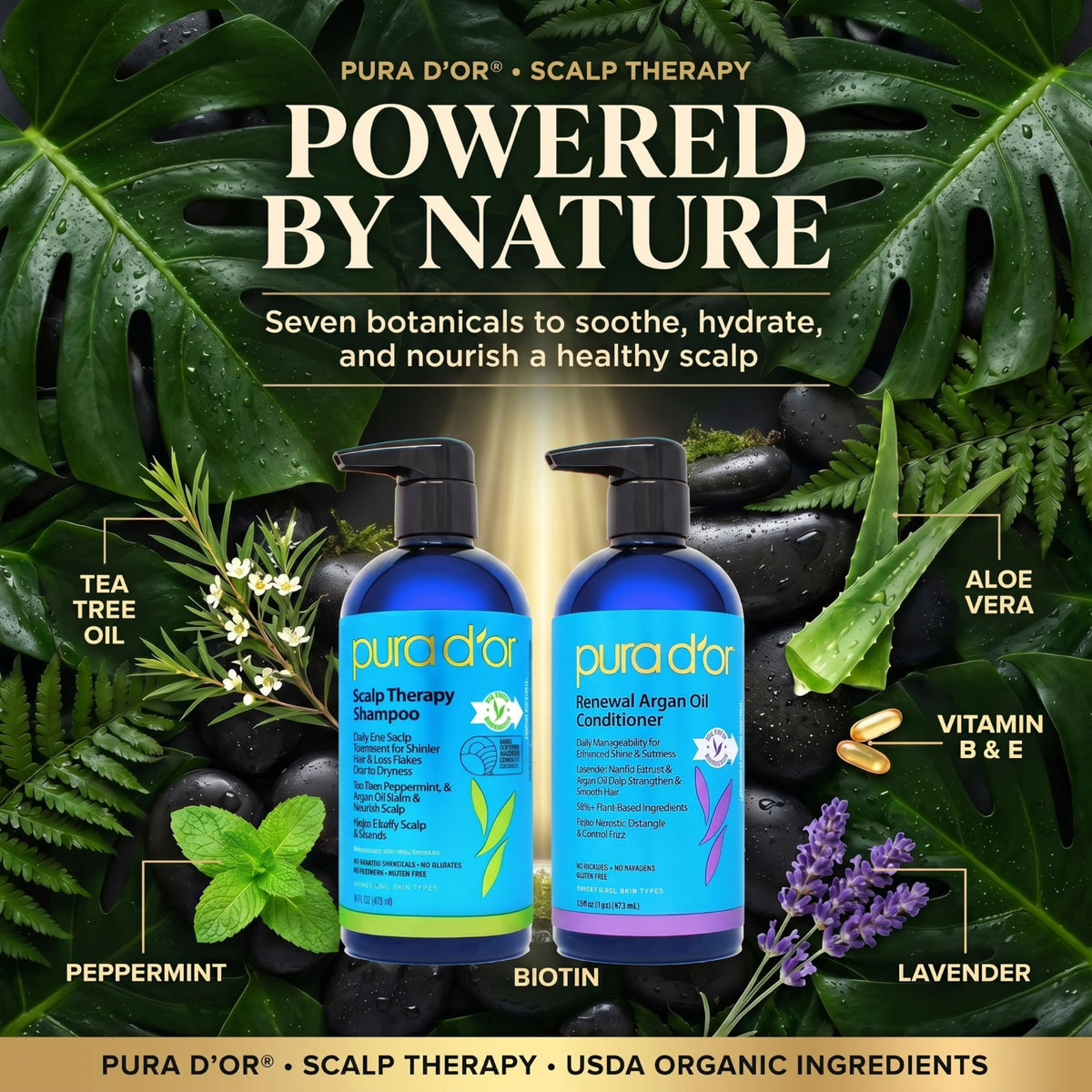 PURA D'OR Scalp Therapy Shampoo and Conditioner set side view