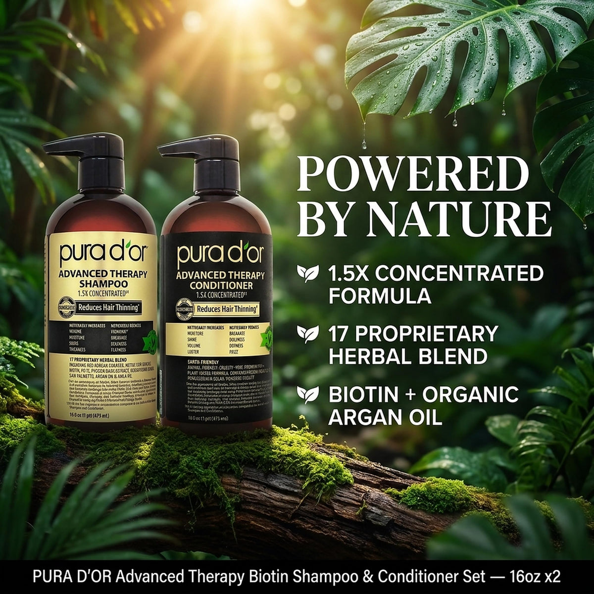 PURA D'OR shampoo and conditioner bottles side by side