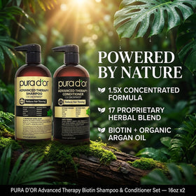 PURA D'OR shampoo and conditioner bottles side by side