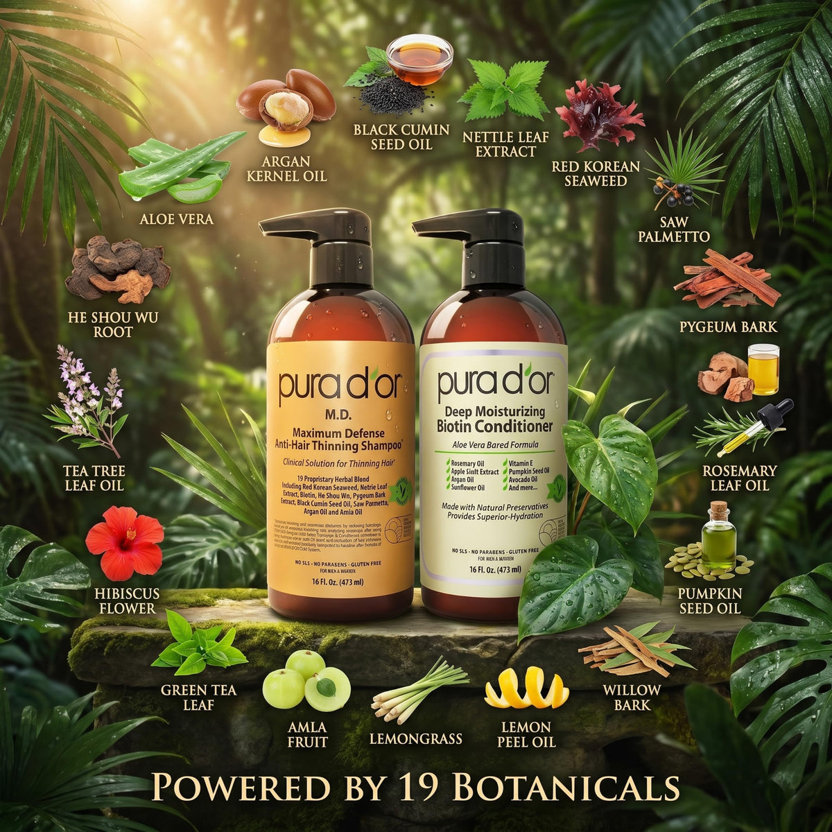 PURA D'OR shampoo and conditioner bottles side view