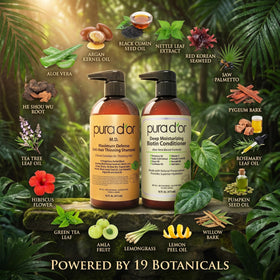 PURA D'OR shampoo and conditioner bottles side view