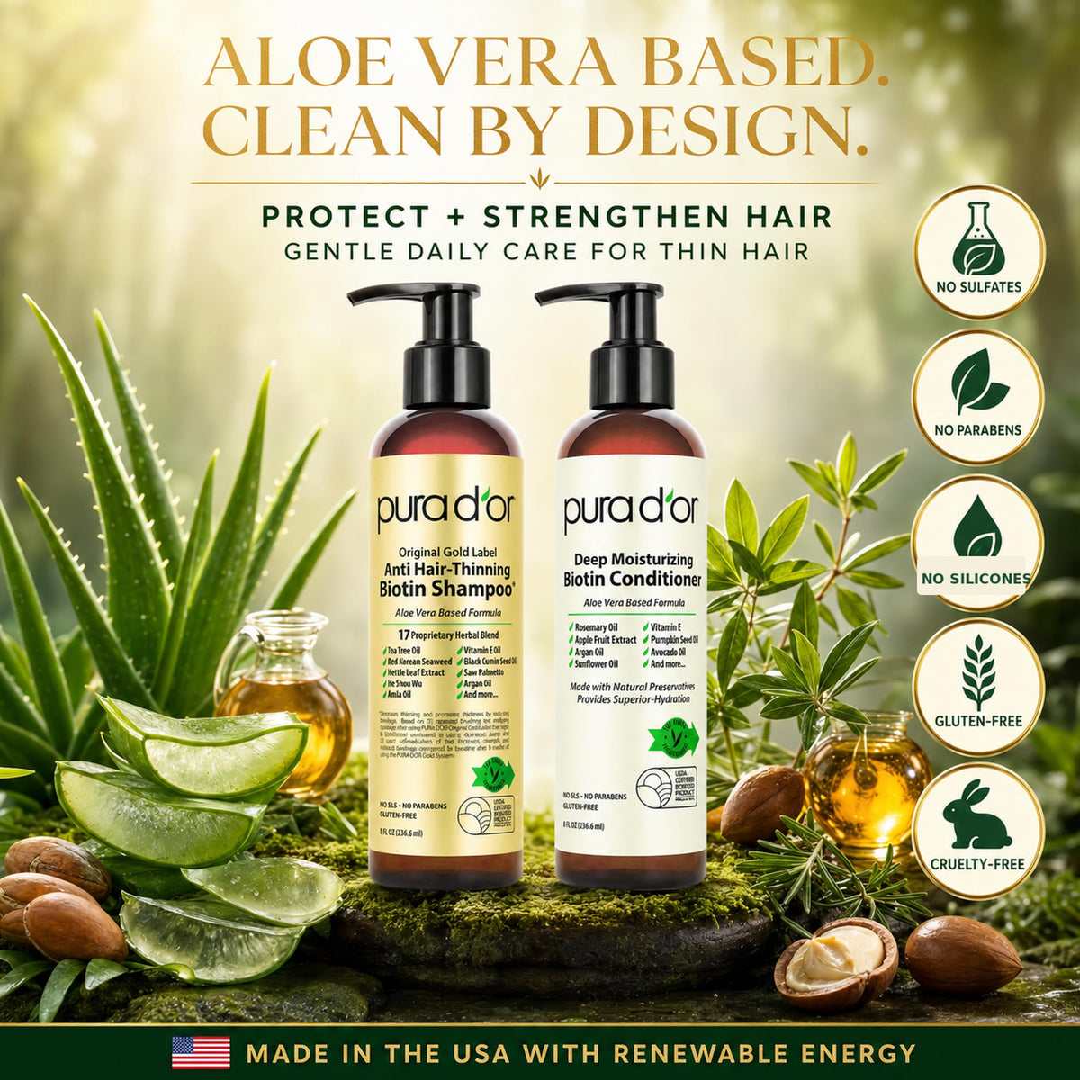 PURA D'OR shampoo and conditioner set with natural ingredients