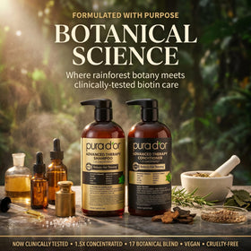 PURA D'OR shampoo and conditioner with natural ingredients background