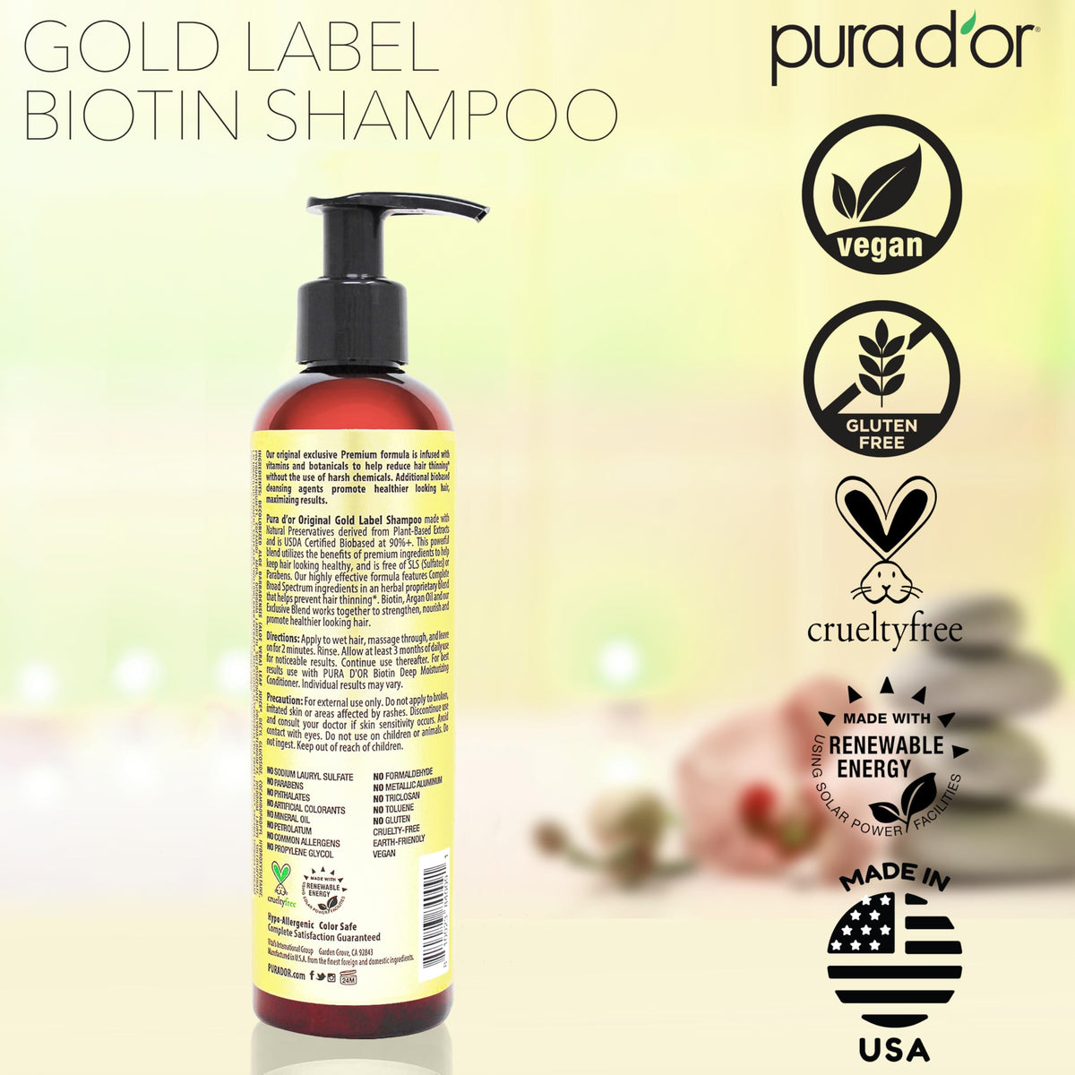 PURA D'OR shampoo bottle with cap open