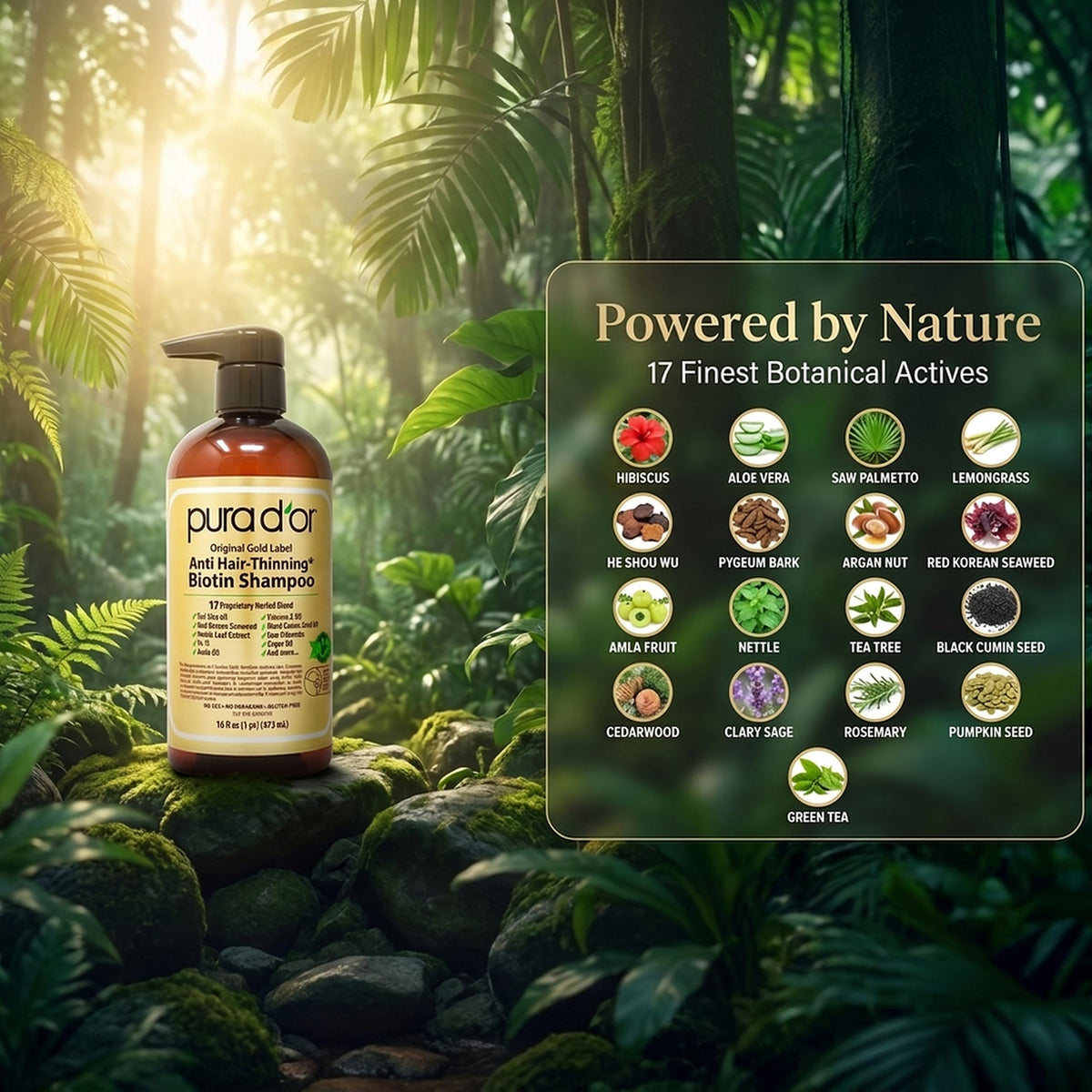 PURA D'OR shampoo in a bathroom setting