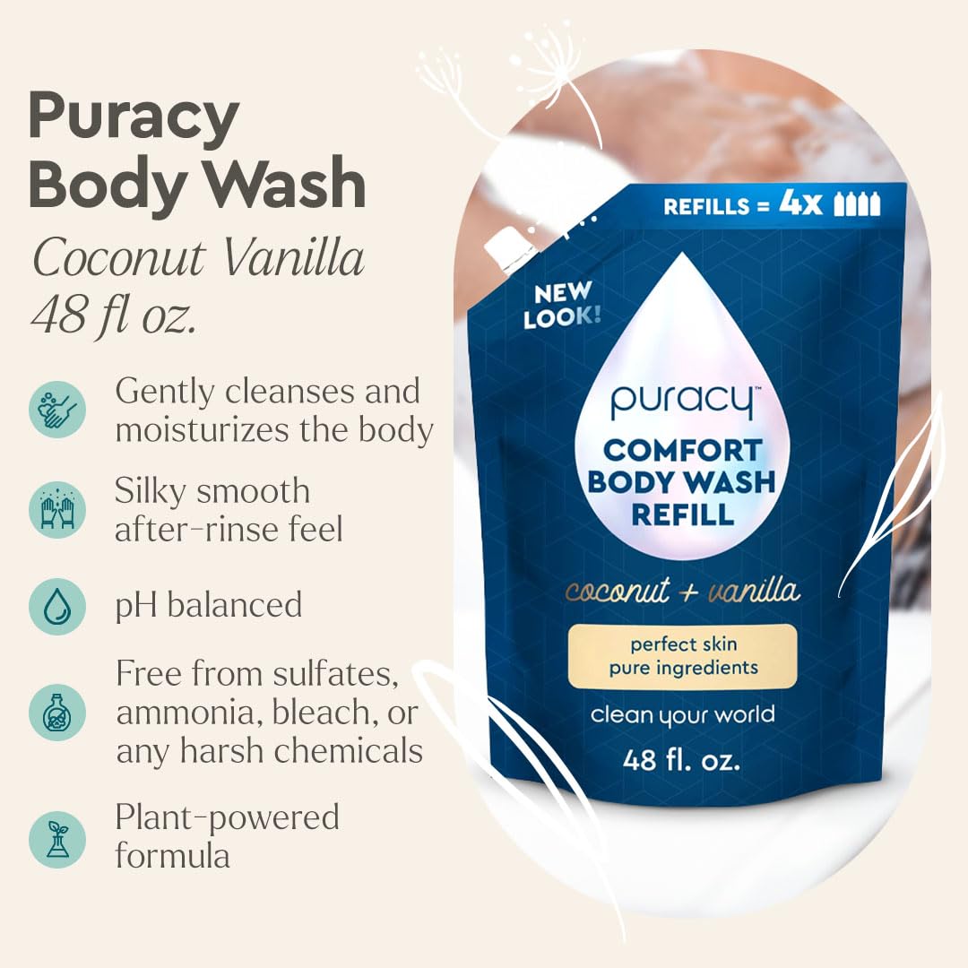 Puracy Body Wash Coconut Vanilla 48 oz refill bottle back view