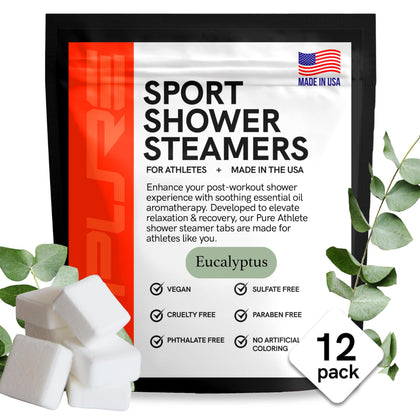 Pure Athlete Shower Steamers packaging front view with eucalyptus scent