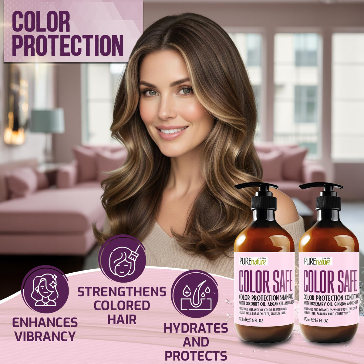 PURE NATURE LUX SPA Color Safe Shampoo bottle side view