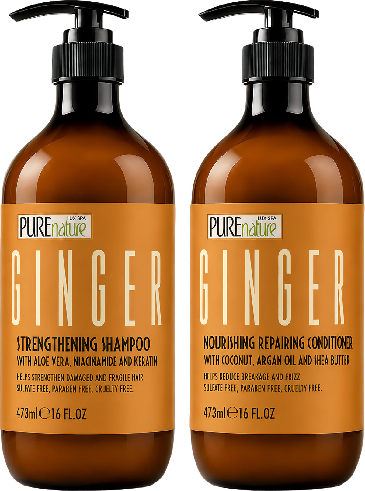 PURE NATURE LUX SPA Ginger Shampoo front view, 16 Fl Oz