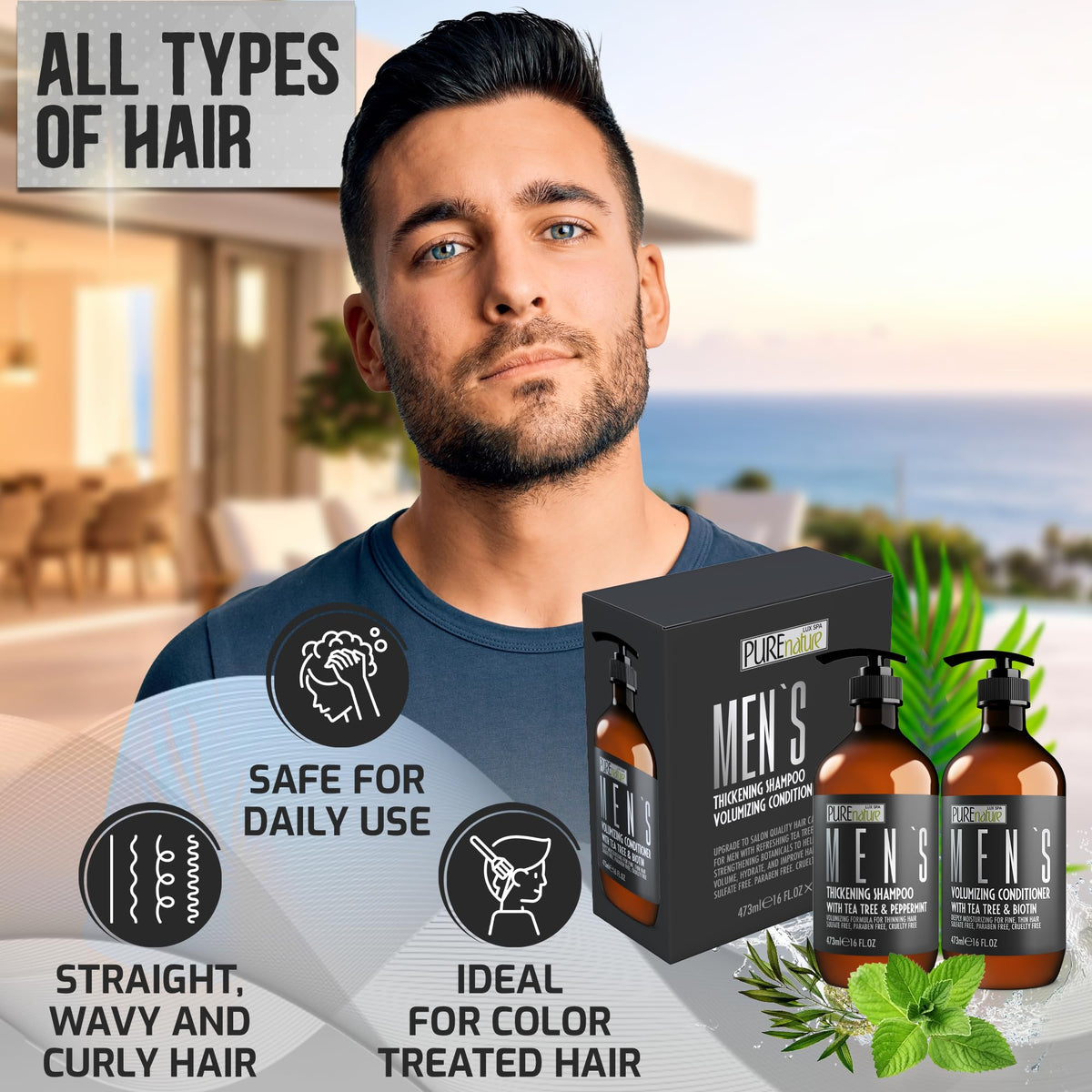 PURE NATURE LUX SPA Mens Shampoo and Conditioner Set with fresh ingredients