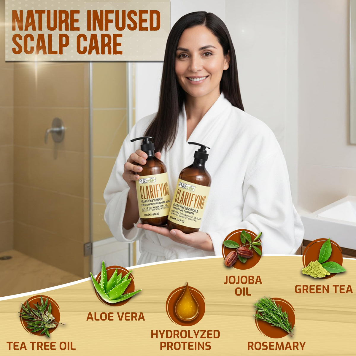 PURE NATURE LUX SPA shampoo and conditioner set on a bathroom shelf