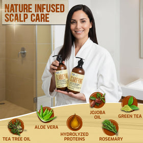 PURE NATURE LUX SPA shampoo and conditioner set on a bathroom shelf