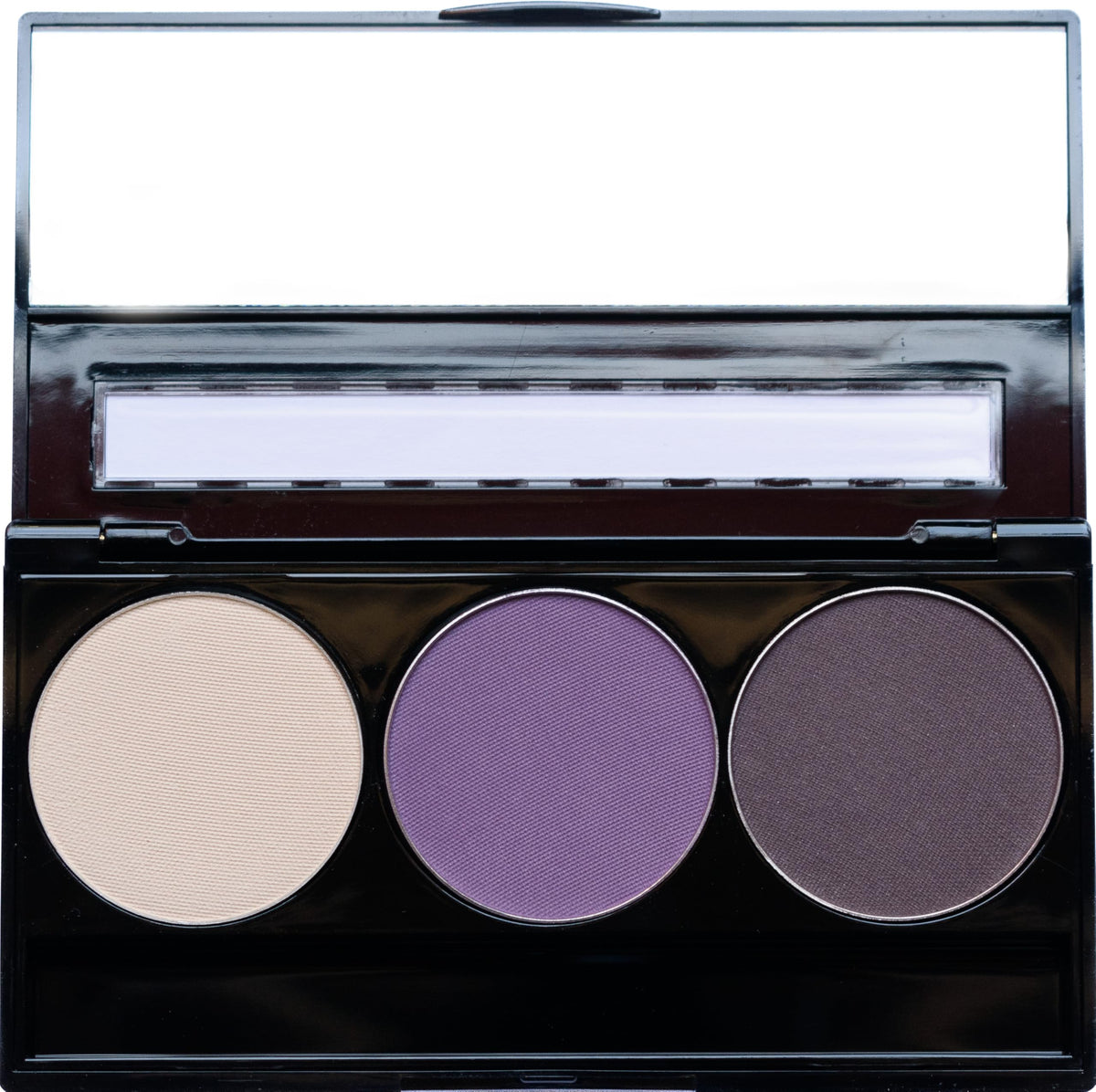 Pure Ziva Vegan Eyeshadow Trio Palette featuring off white, lavender violet, and deep purple shades