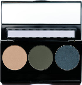 Pure Ziva Vegan Eyeshadow Trio Palette featuring off white, matte green, and glitter navy shades