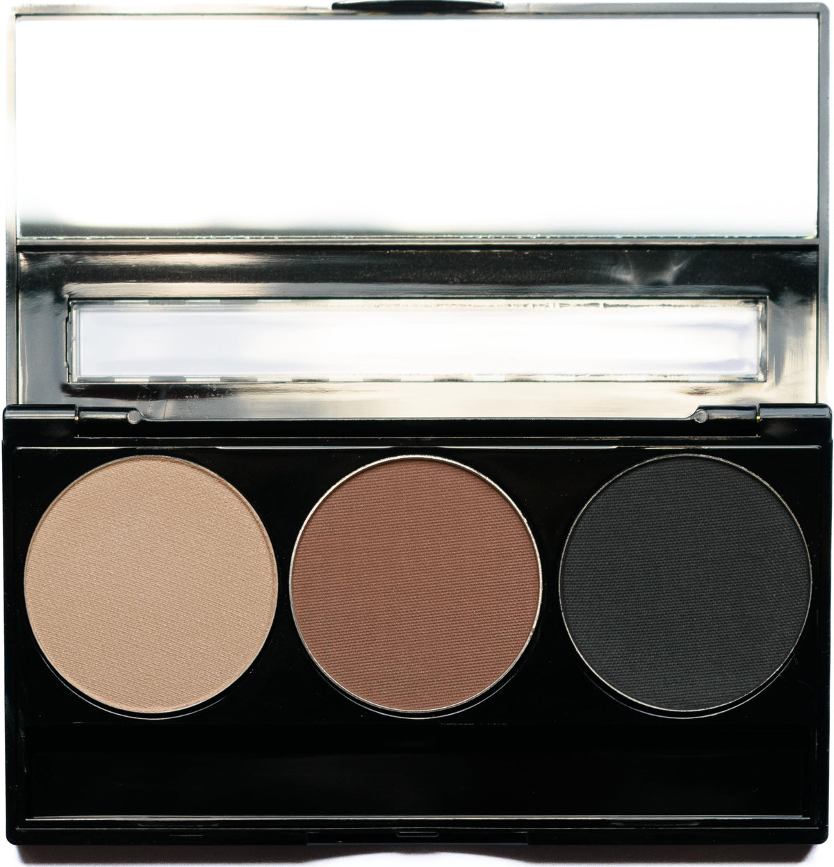 Pure Ziva Vegan Eyeshadow Trio Palette front view with matte black, medium brown, and off white shades