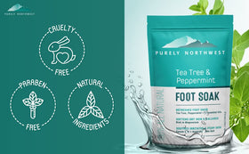 Purely Northwest Epsom Salt Tea Tree Foot & Body Soak beside a towel