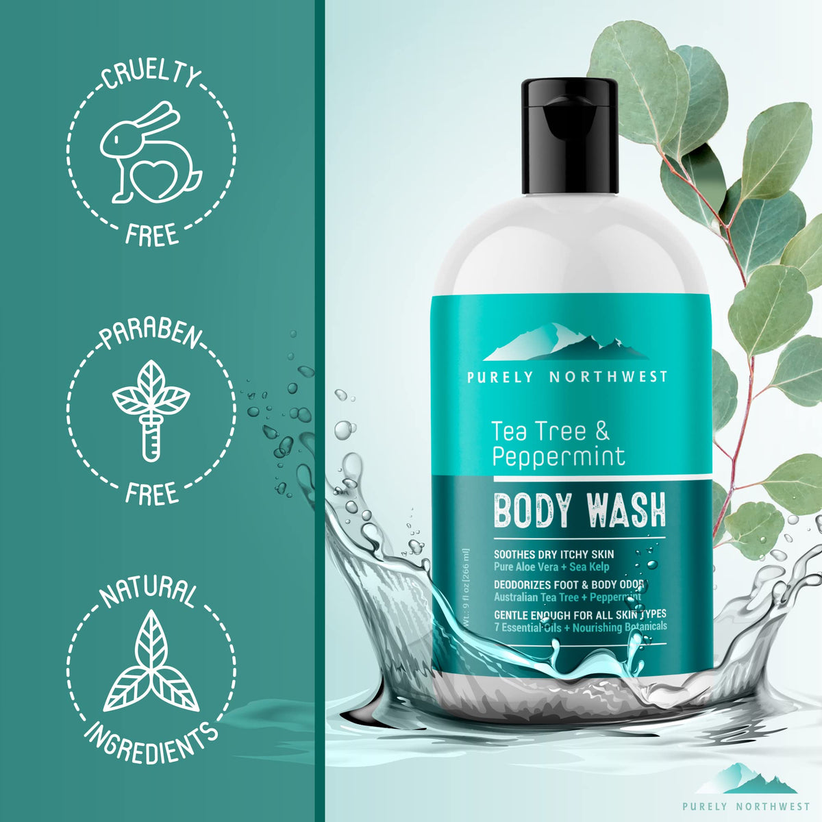 Purely Northwest Tea Tree Body Wash bottle on a shower shelf
