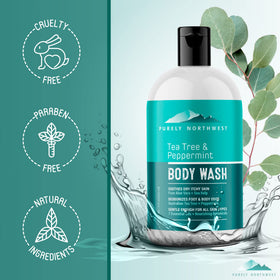 Purely Northwest Tea Tree Body Wash bottle on a shower shelf