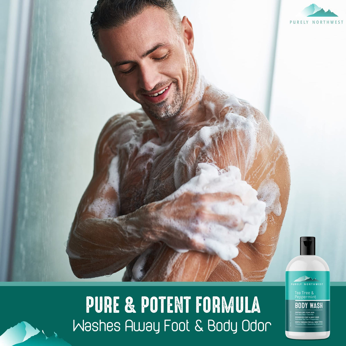Purely Northwest Tea Tree Body Wash side view showing bottle design