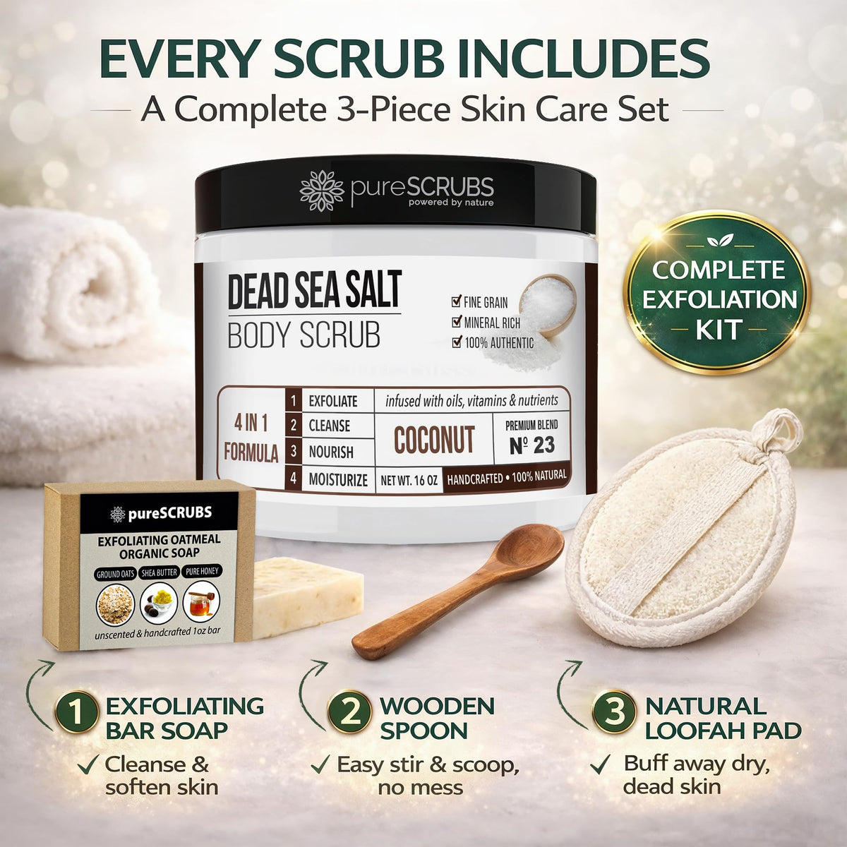 pureSCRUBS Coconut Body Scrub in a bathroom setting
