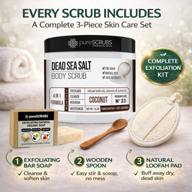 pureSCRUBS Coconut Body Scrub in a bathroom setting