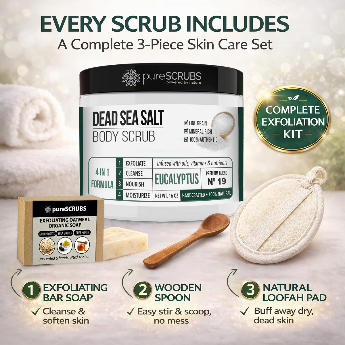 pureSCRUBS Eucalyptus Body Scrub exfoliating oatmeal bar soap