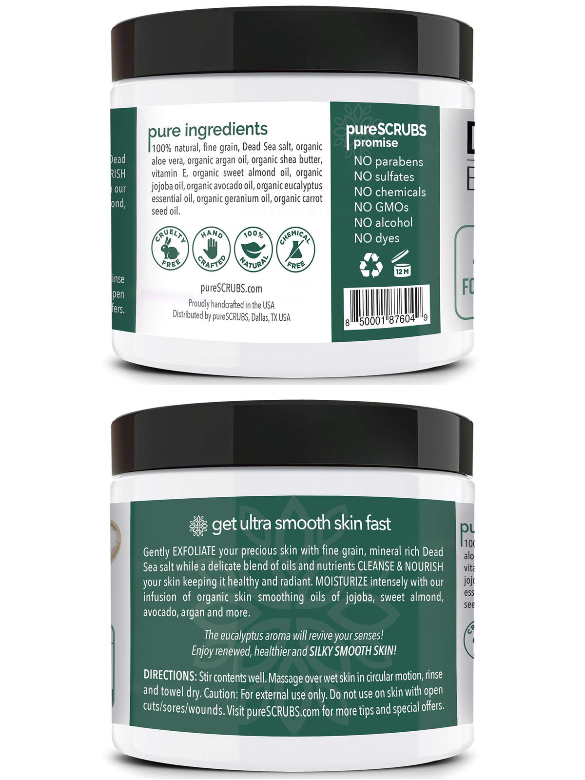 pureSCRUBS Eucalyptus Body Scrub set displayed on a bathroom counter